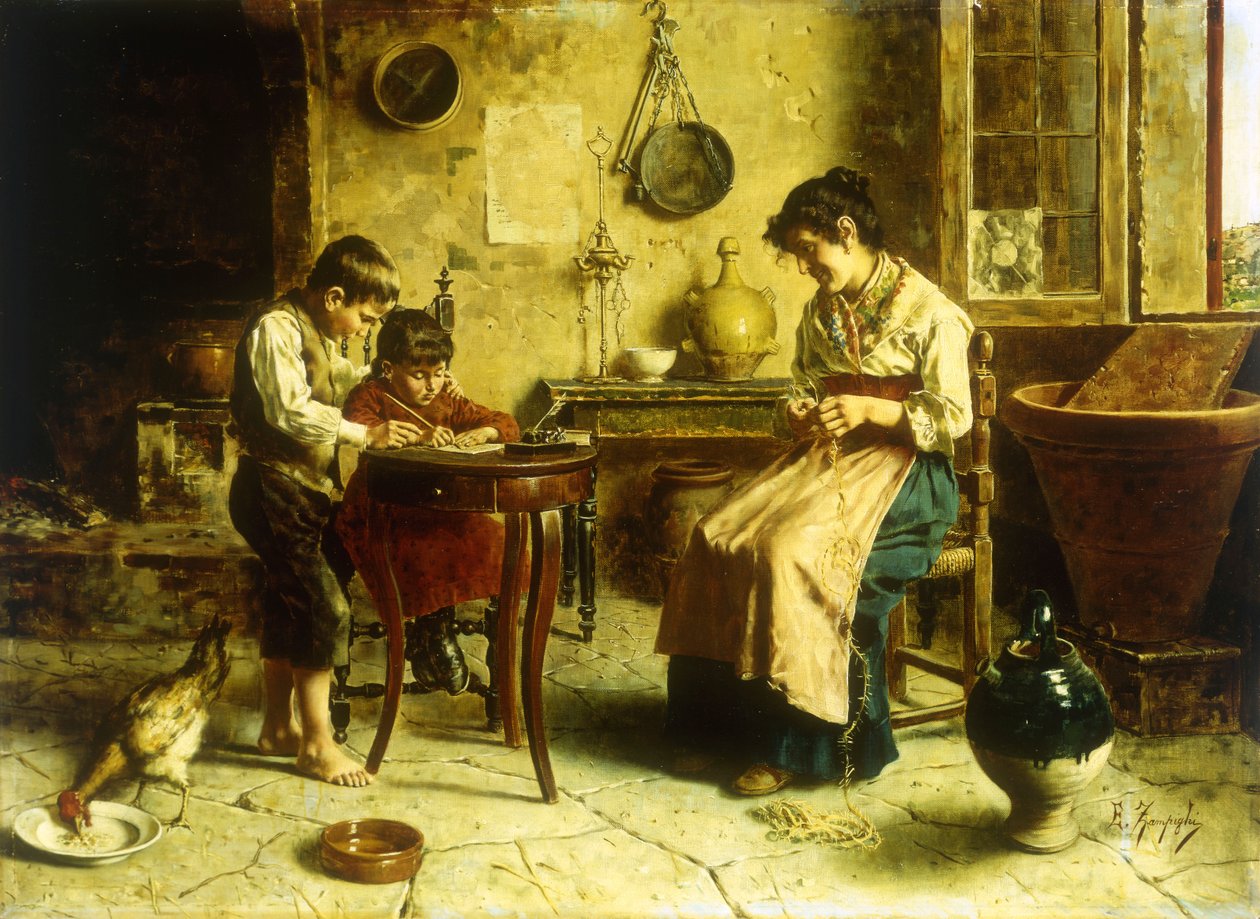 Yazma Dersi (tuval üzerine yağlı boya) by Eugenio Zampighi