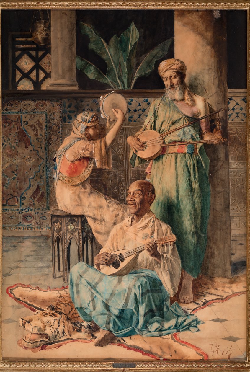 Üç Oryantal Müzik Çalar (kağıt üzerinde tempera) by Eugenio Zampighi