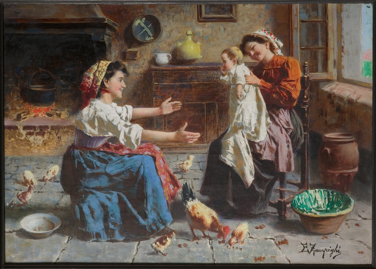 İki Kadının Buluşması ve Bir Bebek (tuval üzerine yağlı boya) by Eugenio Zampighi