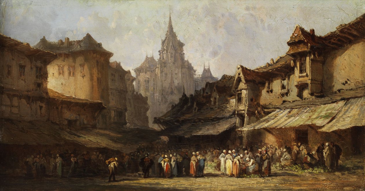 Küçük bir kasabada pazar sahnesi by Eugene Isabey