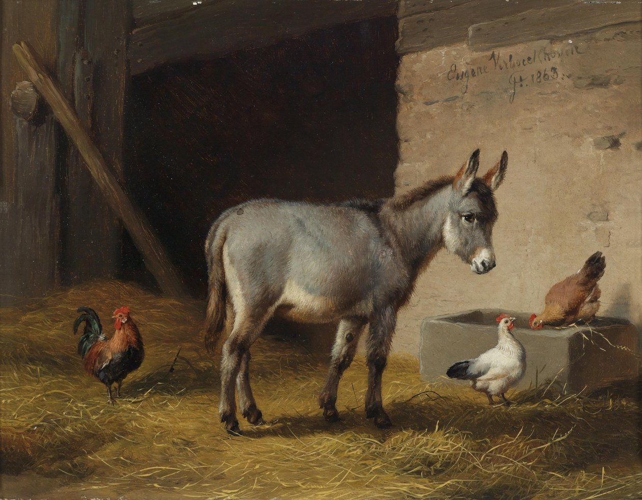 Ahırda eşekler ve tavuklar by Eugene Joseph Verboeckhoven