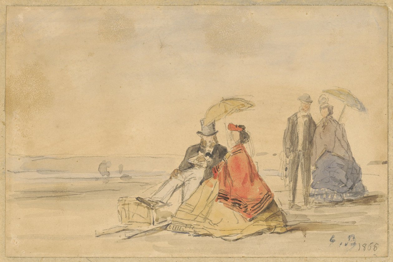 Oturan Bir Çift ve Sahilde Yürüyen Bir Çift by Eugène Boudin