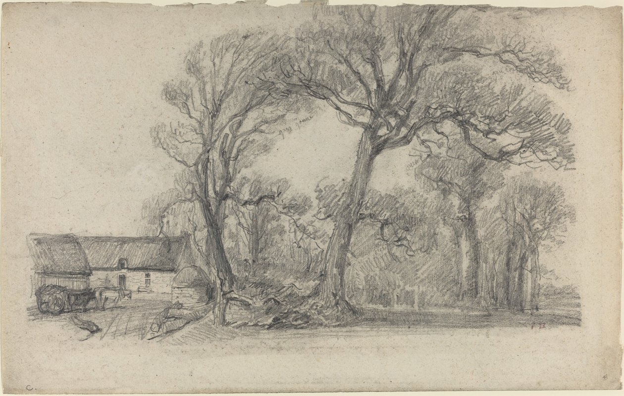 Ağaçlar, Kulübe ve Çiftlik Vagonu ile Manzara by Eugène Boudin