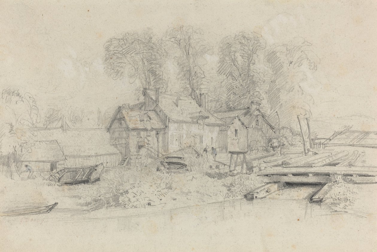 Binalar, Tekneler ve Figürlerle Nehir Manzarası by Eugène Boudin