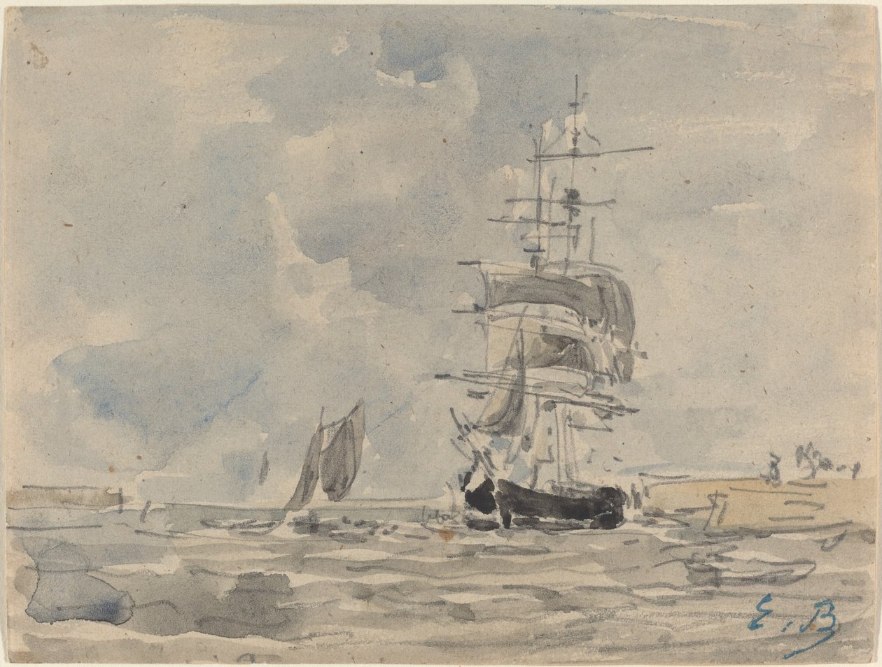 Yelkenli Gemi ile Deniz Manzarası by Eugène Boudin