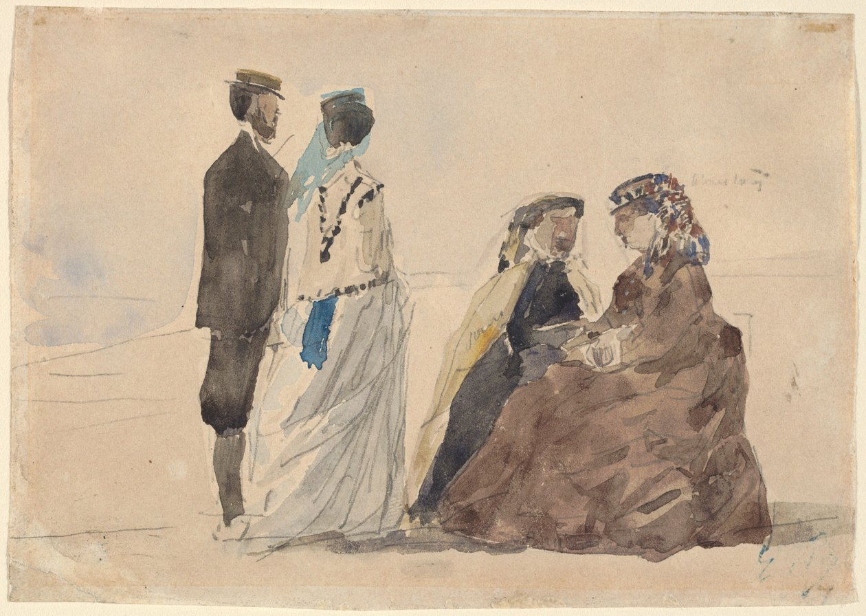 Oturan İki Bayan ve Sahilde Yürüyen Bir Çift by Eugène Boudin