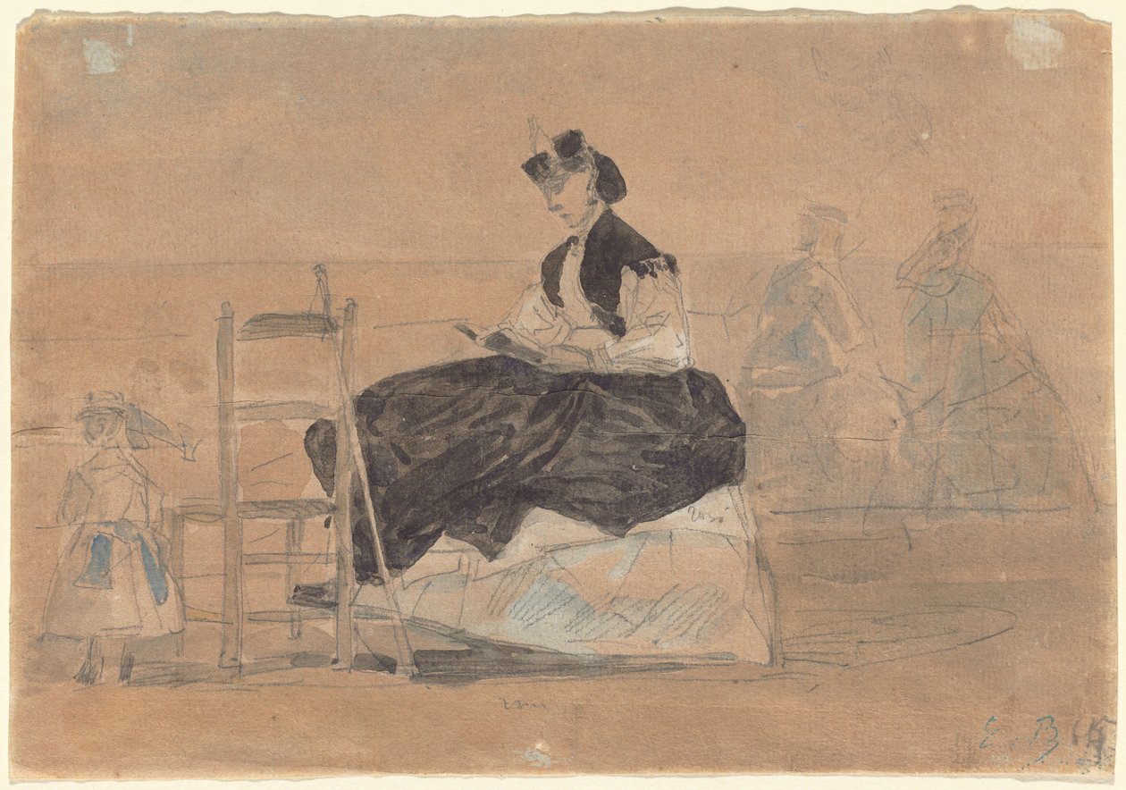 Trouville sahilinde kabarık etekli kadın by Eugène Boudin