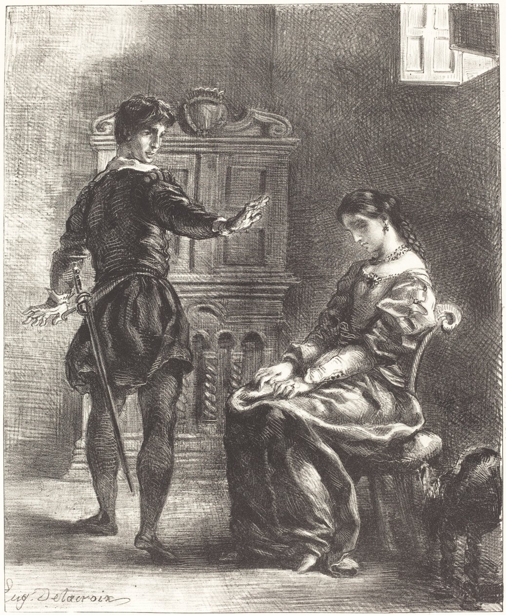 Hamlet ve Ophelia Yasası III, Sahne I, 18341843. by Eugène Delacroix