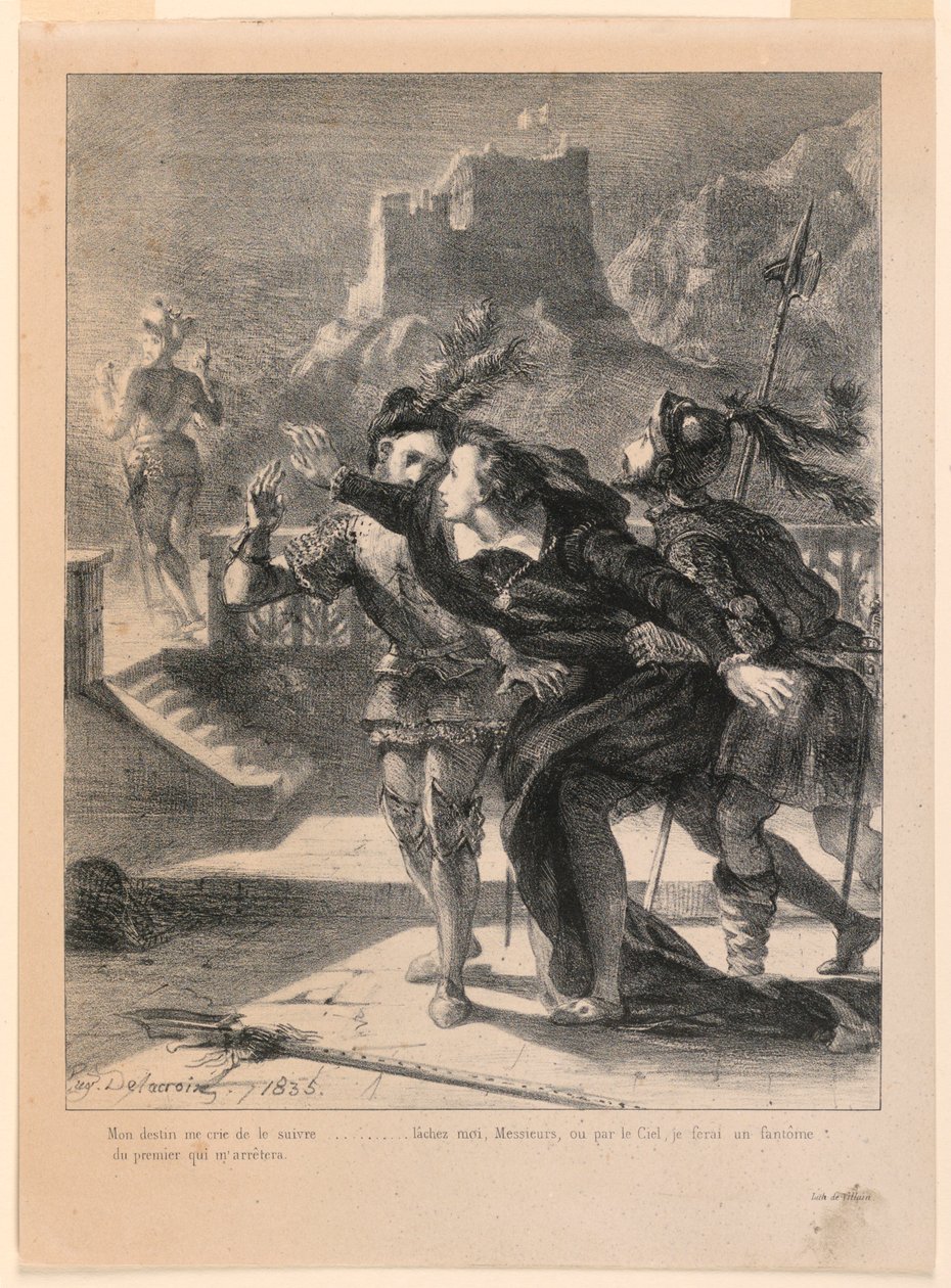 Hamlet için İllüstrasyon: Hamlet Babasının Hayaletini Takip Etmeye Çalışıyor (I,4) by Eugène Delacroix