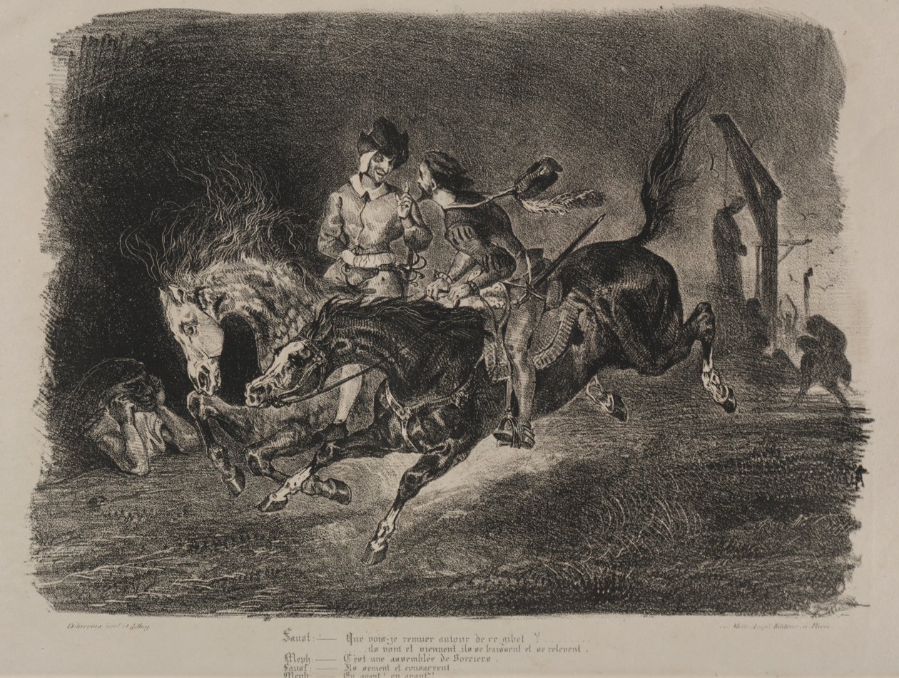 Faust için çizimler: Faust ve Méphistophélés Şabat Günü ata biniyor by Eugène Delacroix