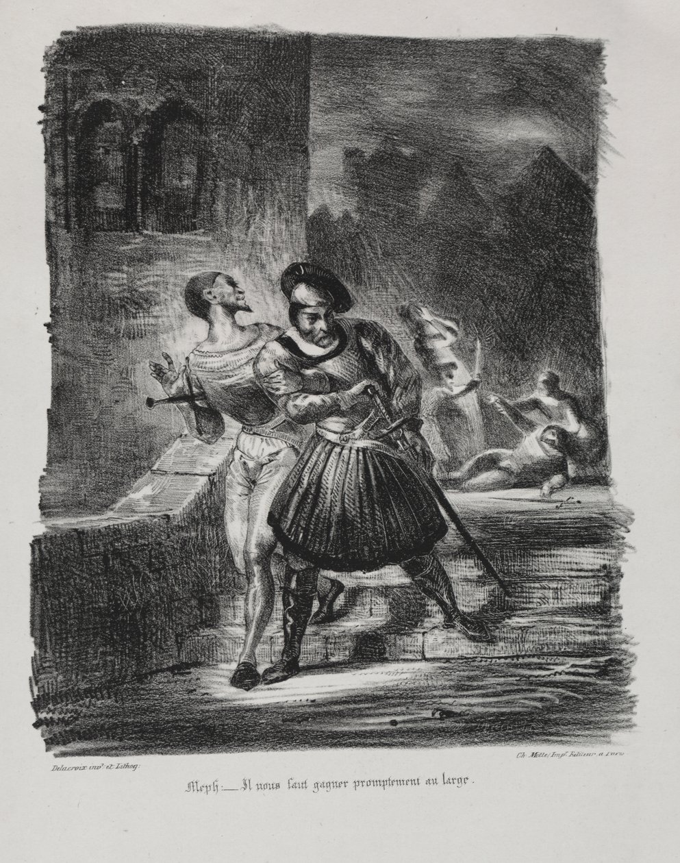 Faust için çizimler: Mephistopheles ve Faust düellodan sonra kaçıyor by Eugène Delacroix