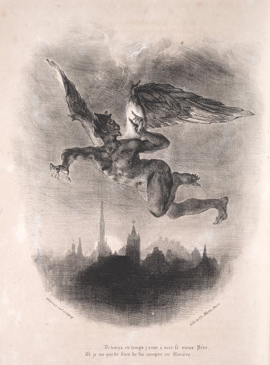 Faust için çizimler: Mefistofeles havada by Eugène Delacroix