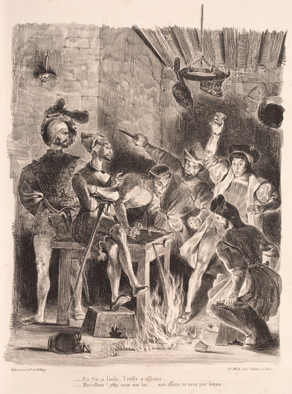 Faust için çizimler: Öğrencilerin meyhanesindeki Méphistophélés by Eugène Delacroix