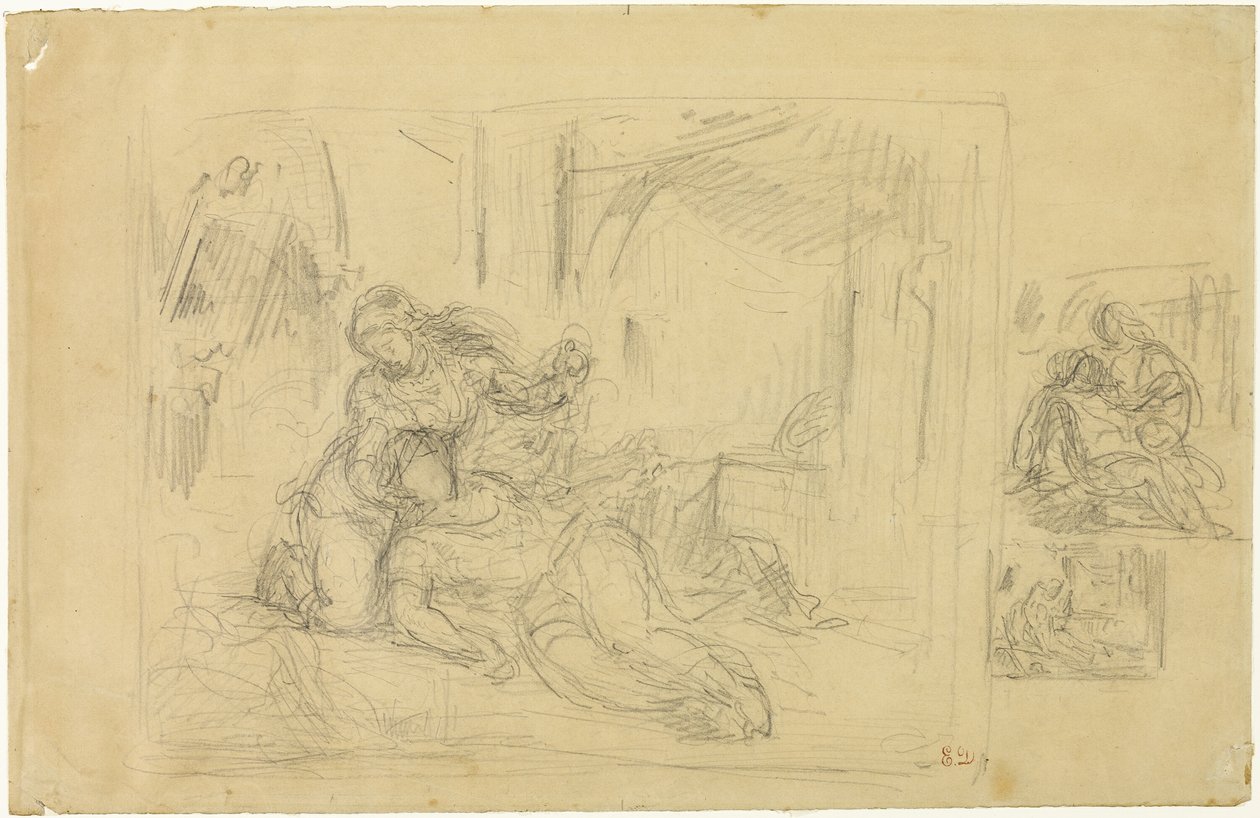 Ölen Kadın(?), Yatak Odasındaki Adam, Aynının İki Eskizi by Eugène Delacroix