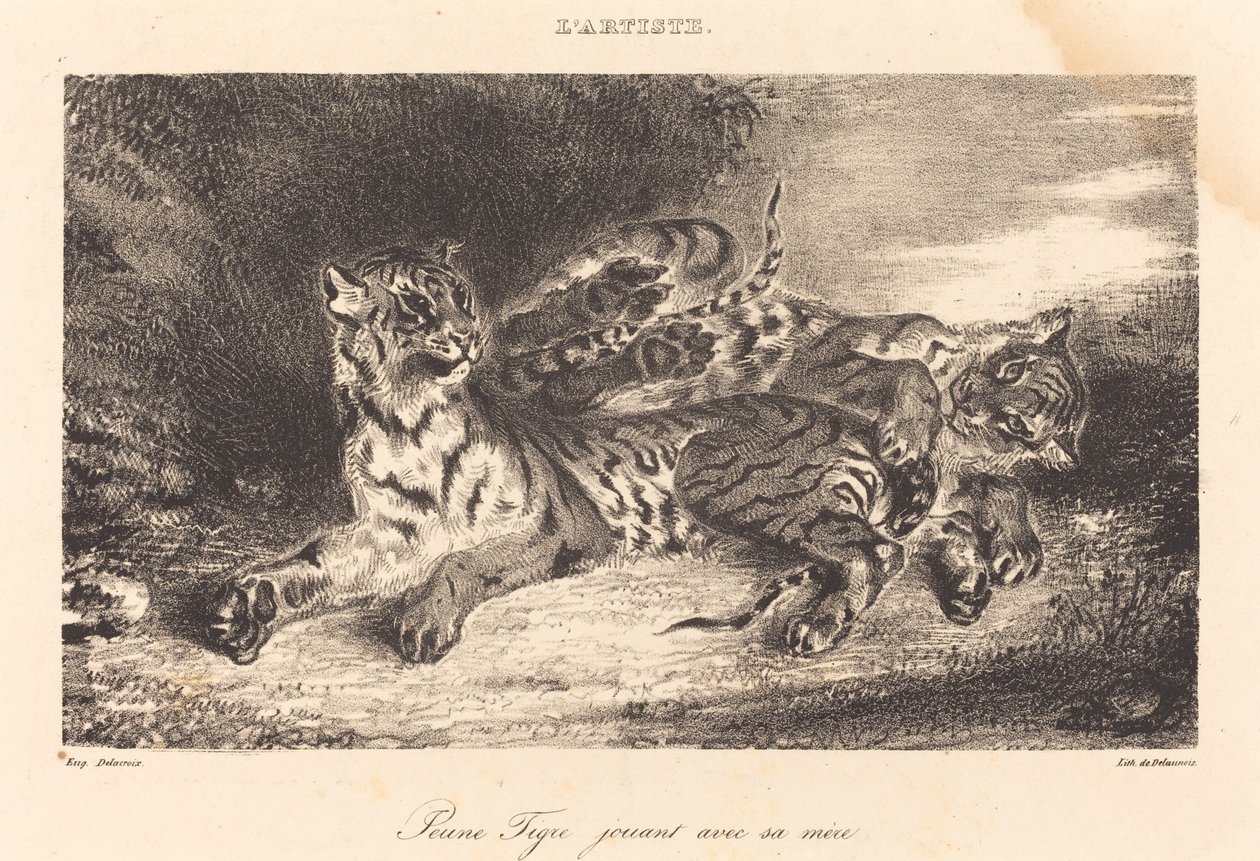Annesiyle oynayan genç kaplan by Eugène Delacroix