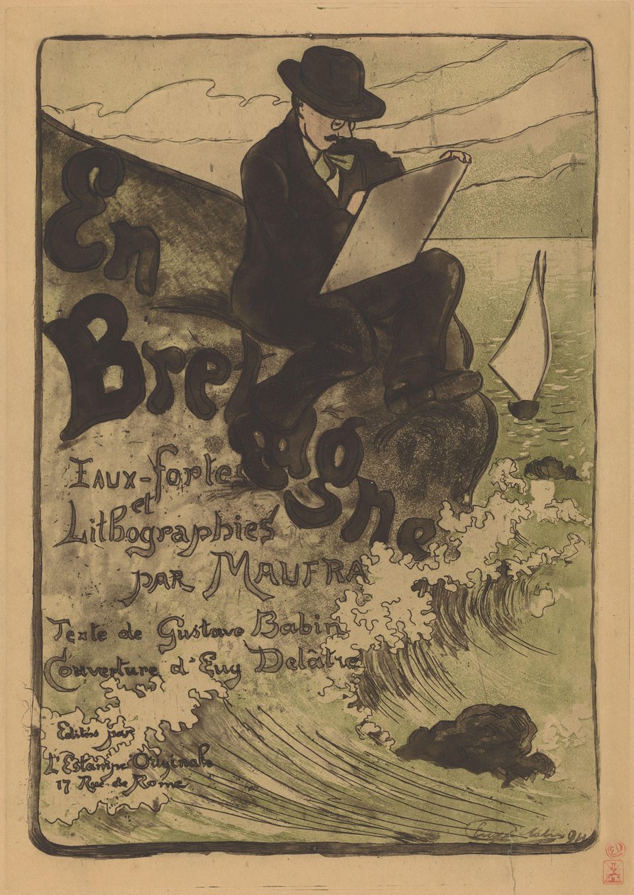 Bir kayanın üzerine çizim yapan Maxime Maufra