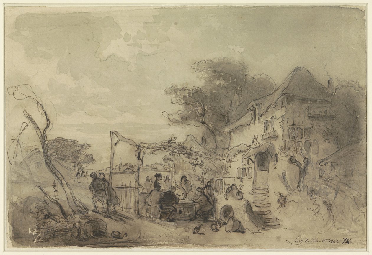 Bir yol boyunca hanın önündeki terasta şirket by Eugène François de Block