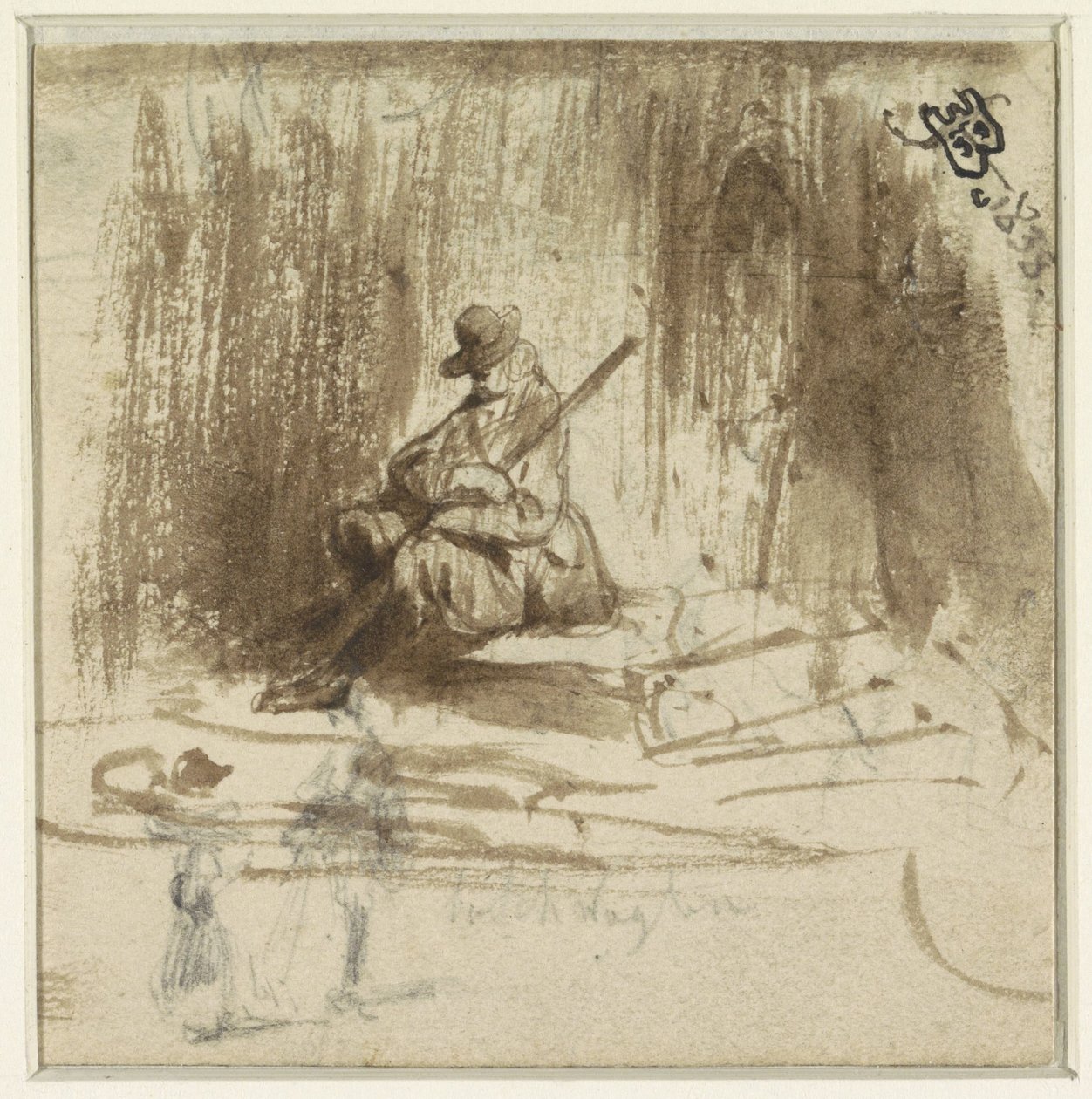Oturan bir adam ve iki ayakta figür çizimleri by Eugène François de Block
