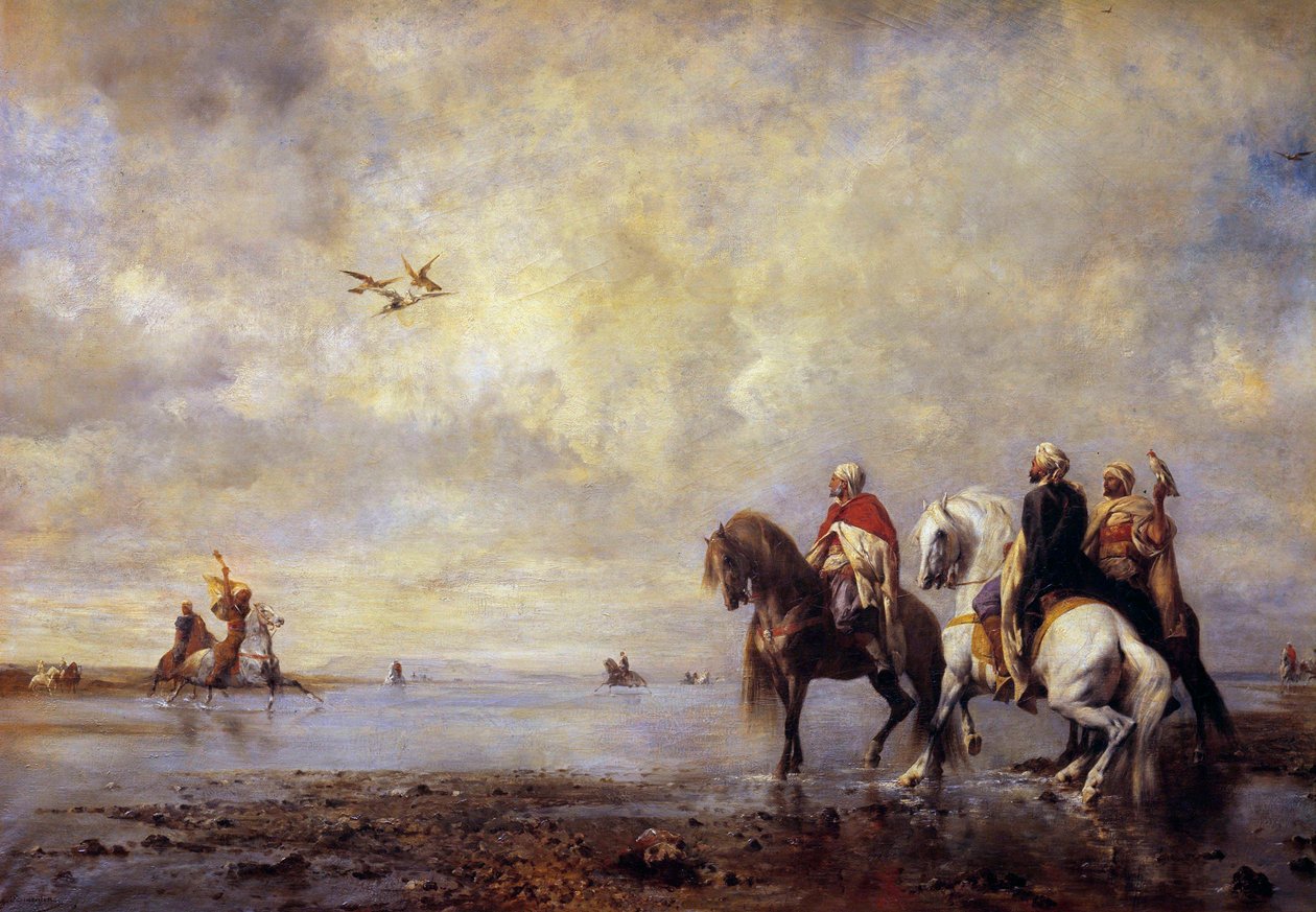 Balıkçıl, balıkçıl avlayan Arap atlılarını avlar. Eugene Fromentin (1820-1876) 1865 Güneş tarafından tablo. 0,99x1,42 m Chantilly, Conde Müzesi by Eugène Fromentin