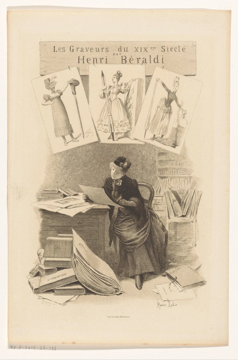 Bir masanın arkasındaki baskılara bakan kadın Başlık sayfası: Henri Béraldi, Les engravers du XIXe siècle, 1899 by Eugène Gaujean