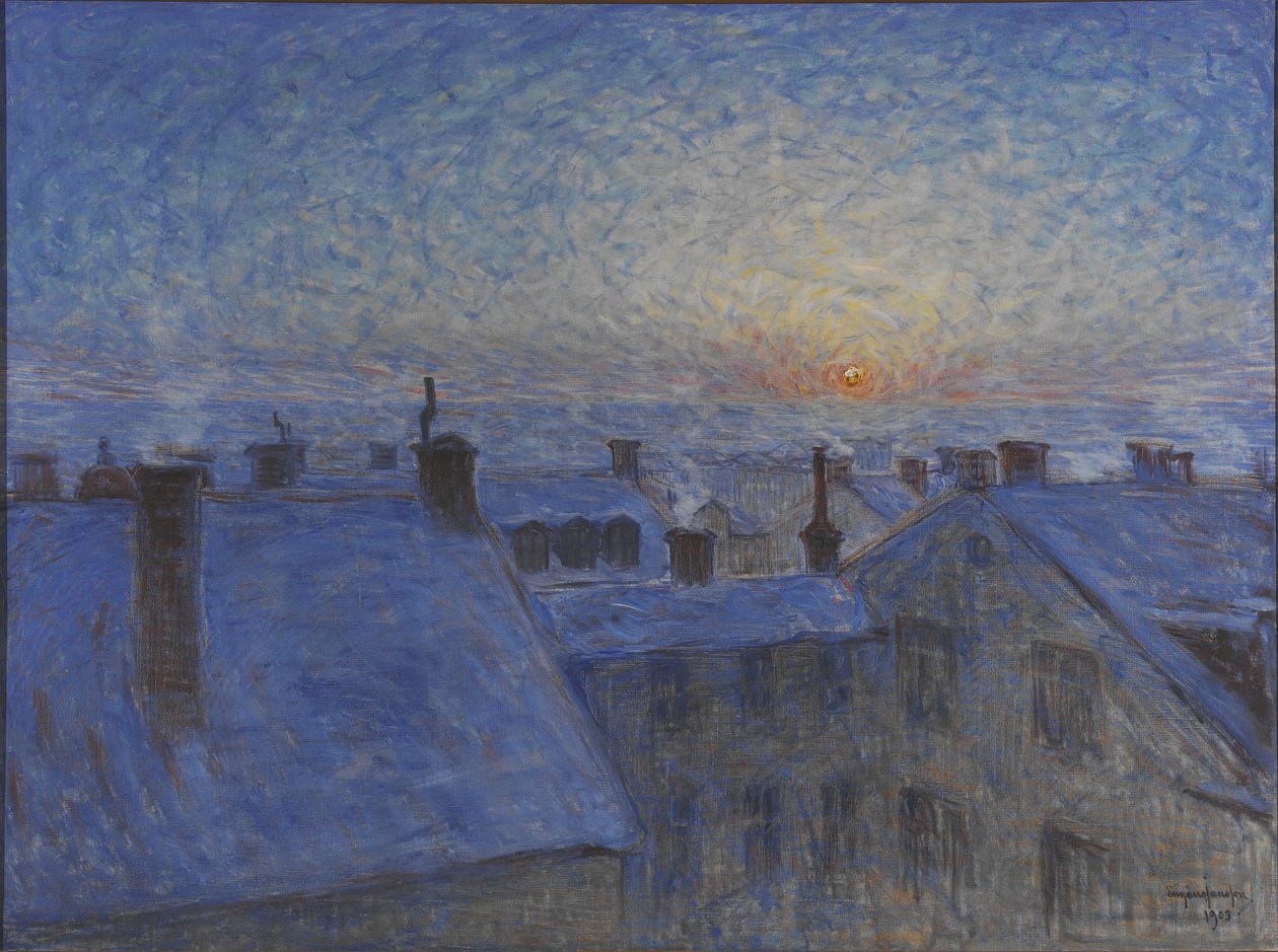 Stockholm çatıları üzerinde gün doğumu, 1903 by Eugène Jansson