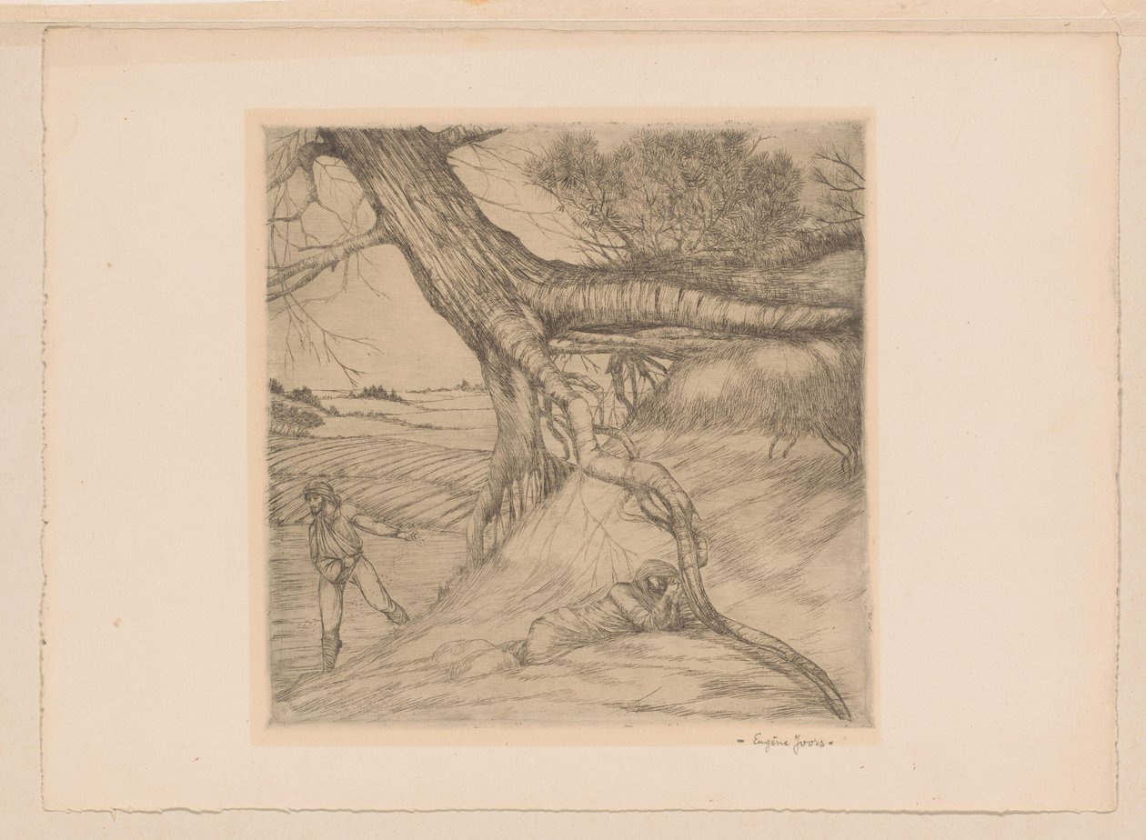 Bir manzarada katlanmış elleri olan ekici ve uzanmış figür by Eugène Joors (signed by artist)