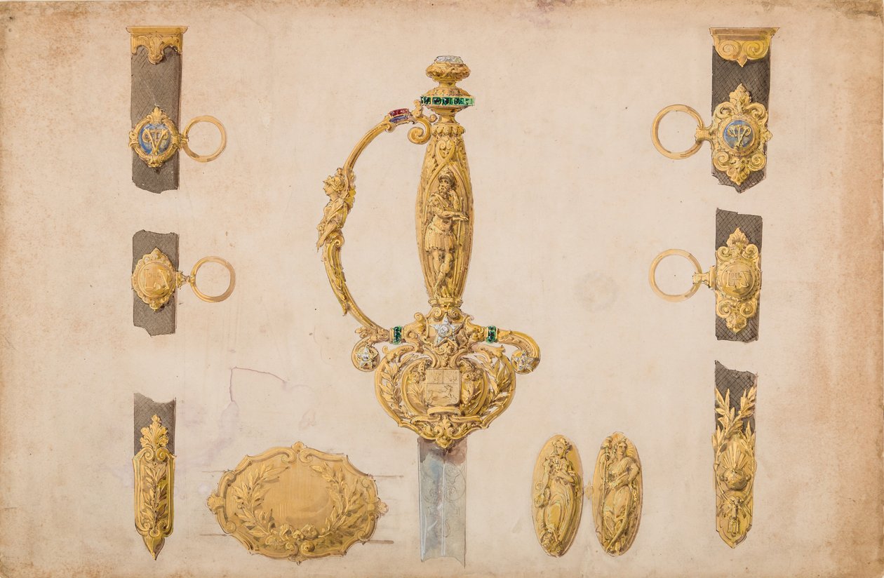 Kılıç Kabzası, Kın ve Kemer Bağlantı Parçaları için Tasarım, yakl. 1840-50. by Eugène Julienne.