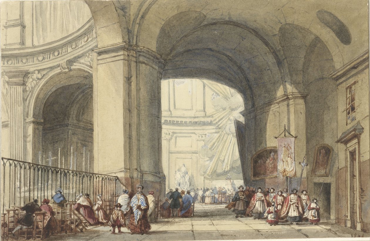 Paris'te S. Roche'un iç kısmı, ön planda bir alayı ile by Eugène Louis Lami (possibly)