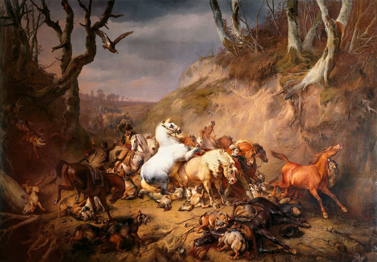 Bir grup atlıya saldıran aç kurtlar by Eugène Verboeckhoven