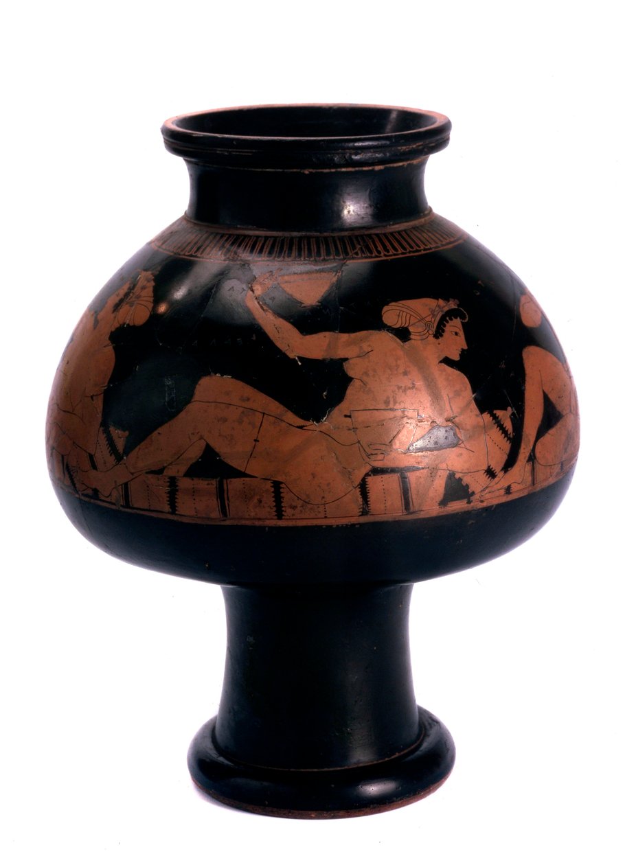Sempozyum sahnesi olan kırmızı figürlü psikter şarap soğutucusu, Antik Yunan, MÖ c505-c500 by Euphronios