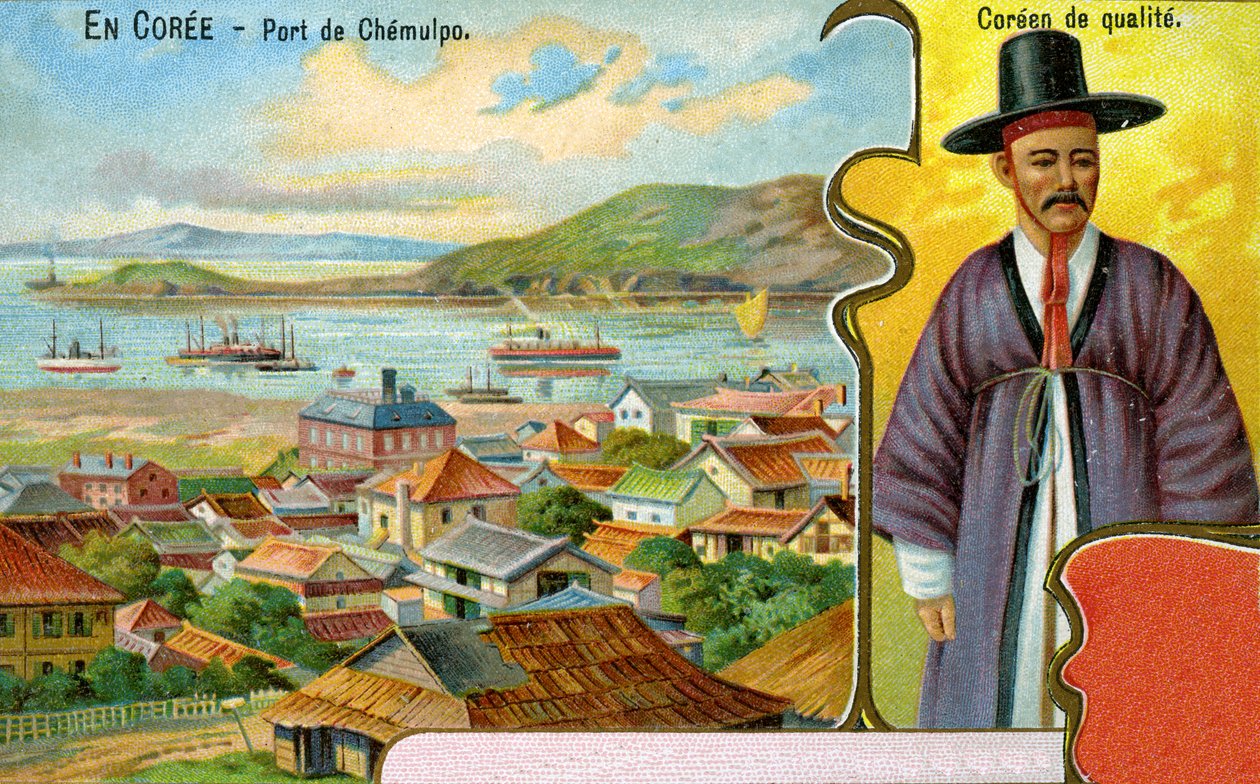 Geleneksel giysili (hanbok) ve şapkalı (gat) Koreli bir beyefendi ve Chemulpo (Incheon) limanından bir görünüm, 1904 by European School