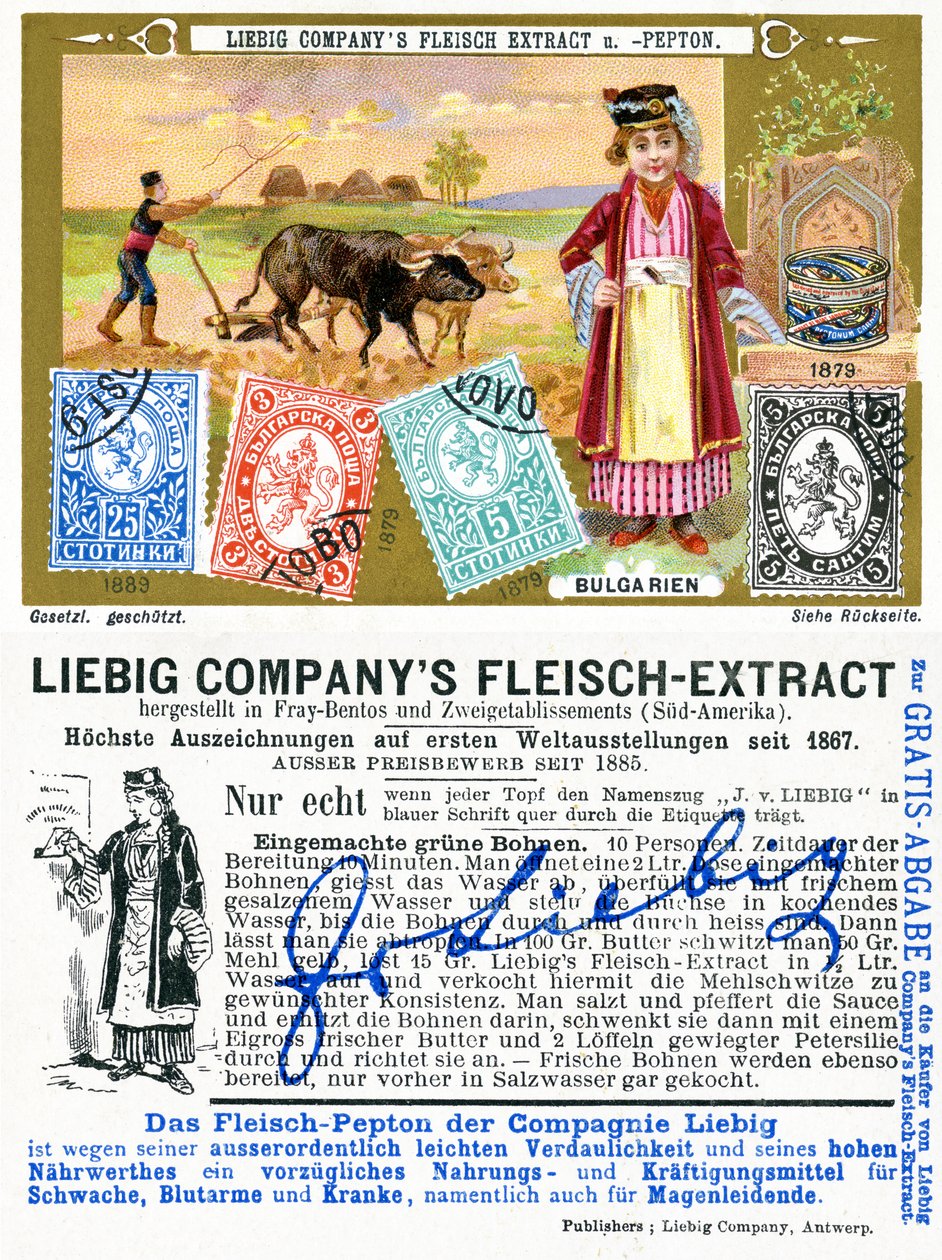 Bulgar posta pulları, bir Liebig promosyon kartının ön ve arka yüzü, 1897 by European School