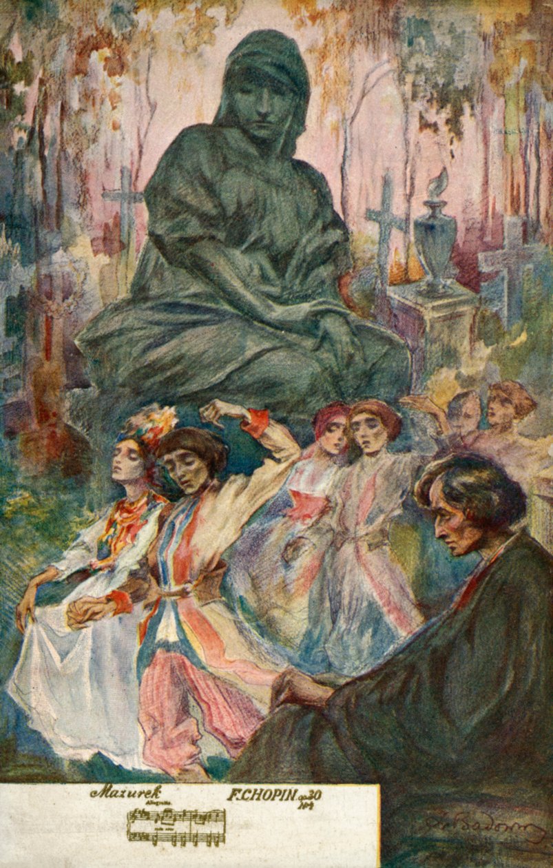 Frederic Chopin tarafından bestelenmiş bir Mazurka eşliğinde dans (renkli taş baskı) by European School