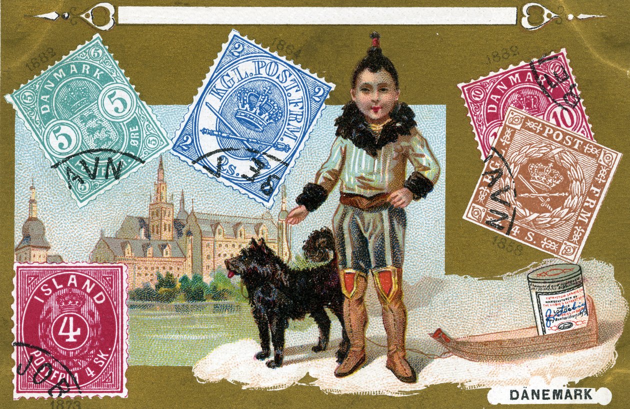 Bir Eskimo çocuğu ve köpeğiyle Danimarka ve İzlanda Posta Pulları, 1897 by European School
