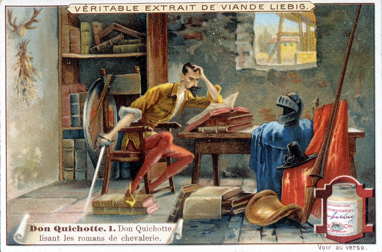 Liebig kromolitografisi: "Don Kişot" serisi, No. 1: Şövalyelik romanlarını okuyan Don Kişot. by European School