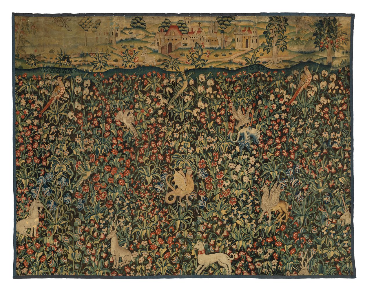 Hayvanları, kuşları ve manzarayı tasvir eden Mille fleurs goblen parçası, yaklaşık 1500 (yün) by European School