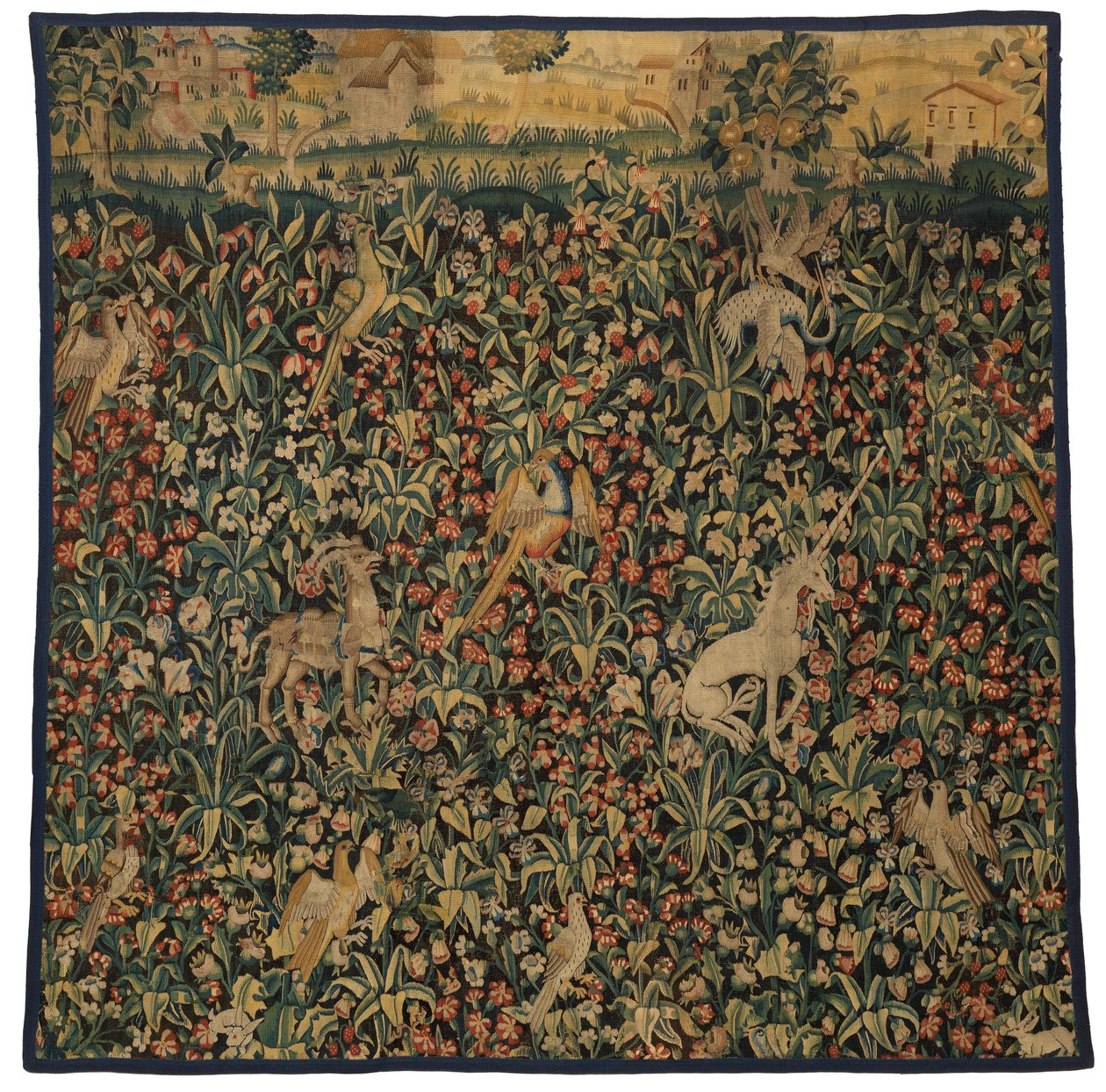 Hayvanları, kuşları ve manzarayı tasvir eden Mille fleurs duvar halısı parçası, yaklaşık 1500 (yün) by European School