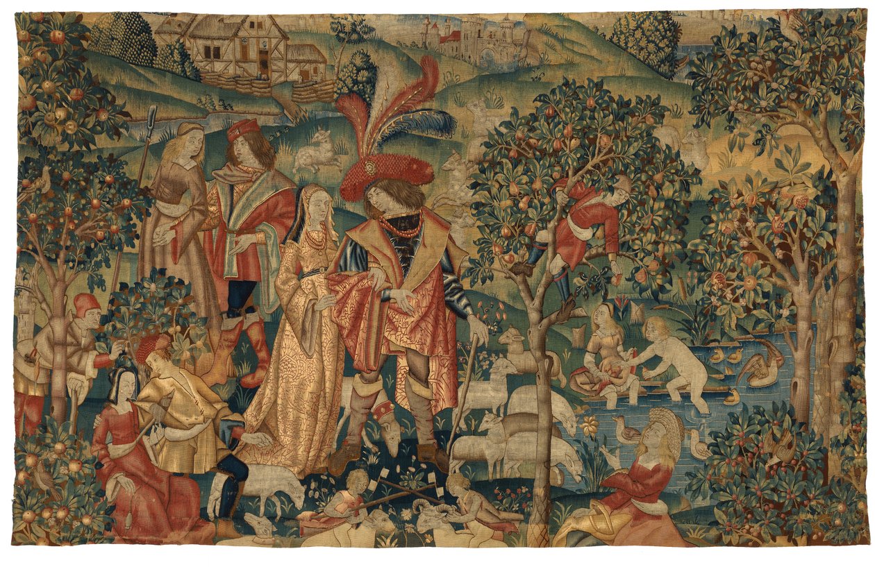 Meyve Toplama veya Seigneur'un Parkında veya Kırsal İttifakında ve Meyve Toplama ile Pastoral Sahnesini tasvir eden duvar halısı, 1500 civarı (yün ve ipek) by European School