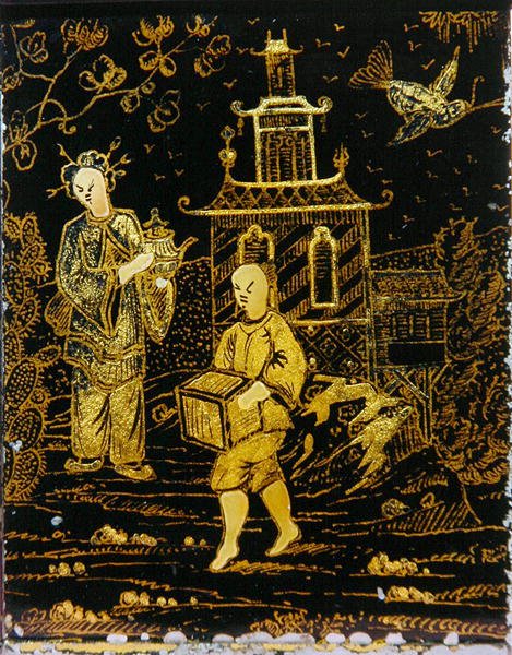 Bir hamal ve bir çaydanlık taşıyan bir bayanı tasvir eden Çin usulü Çay Caddy (metal) by European School
