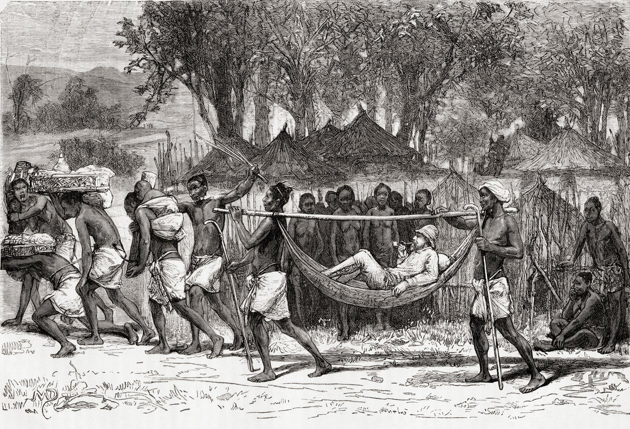 Verney Lovett Cameron, Oulonnda köyüne varıyor, Afrika, 1878 (ahşap gravür) by European School