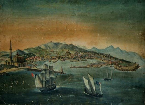 Bir burun üzerinde deniz feneri olan bir limanın görünümü, 1800 dolayları by European School