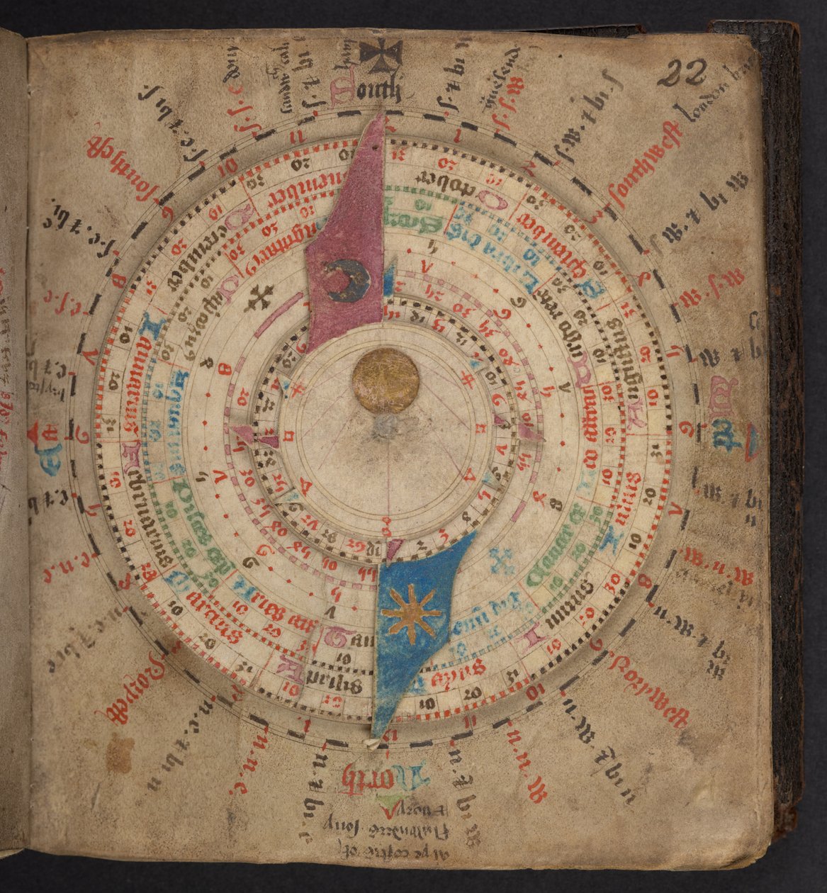 Ay ve diğer tabloları içeren astronomik bir takvimden Volvelle, Egerton MS 848 by European School