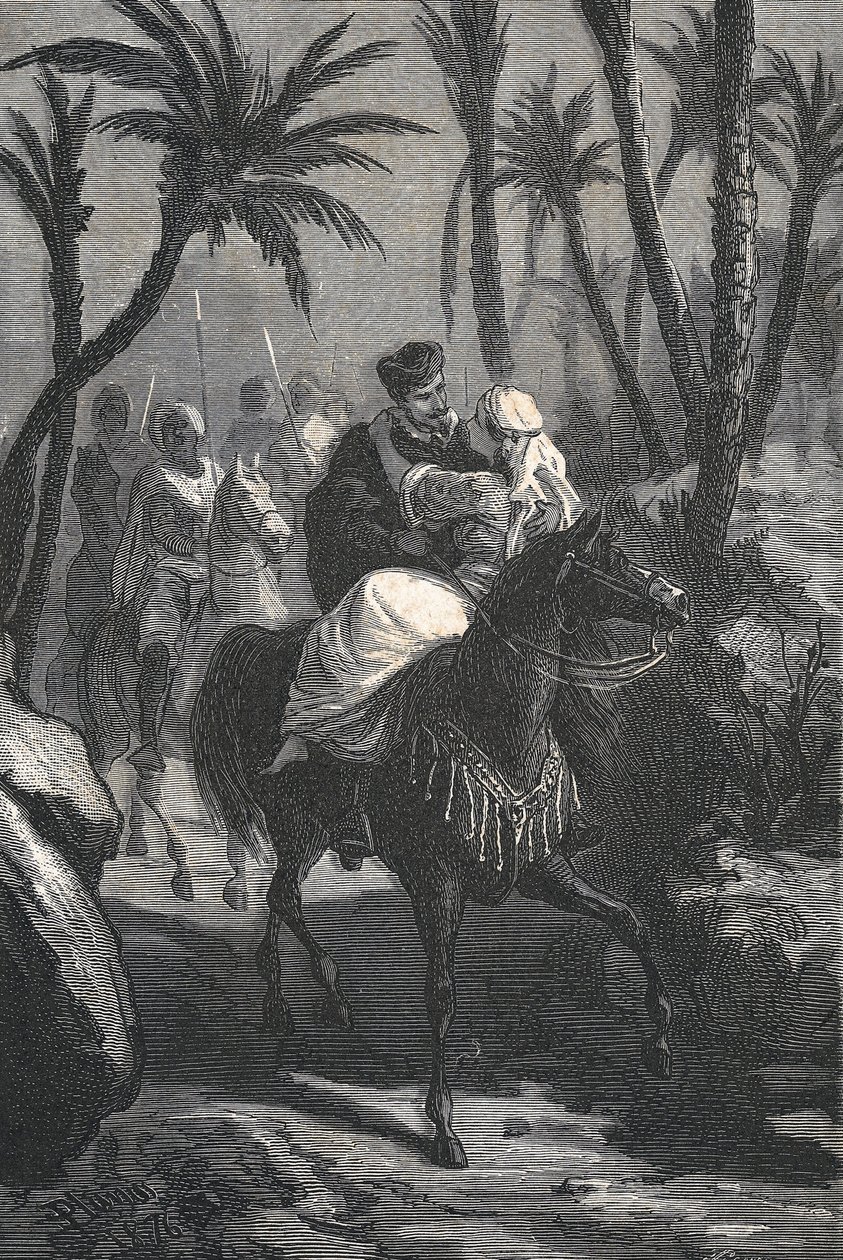 Cervantes bir vahada bir kadınla ata biniyor by Eusebio Planas