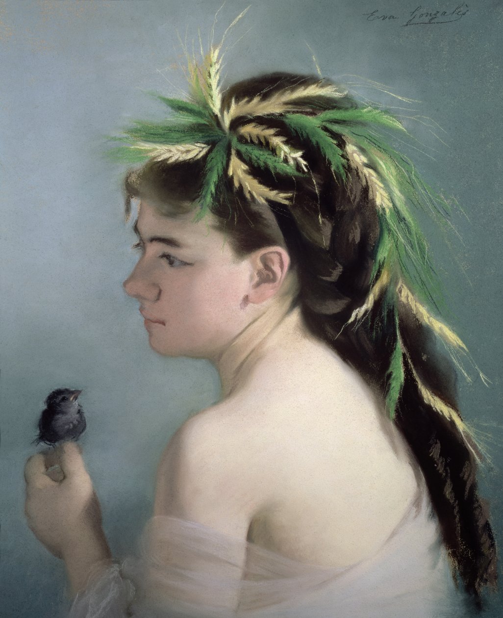 Serçe tutan bir kızın portresi (pastel) by Eva Gonzalès