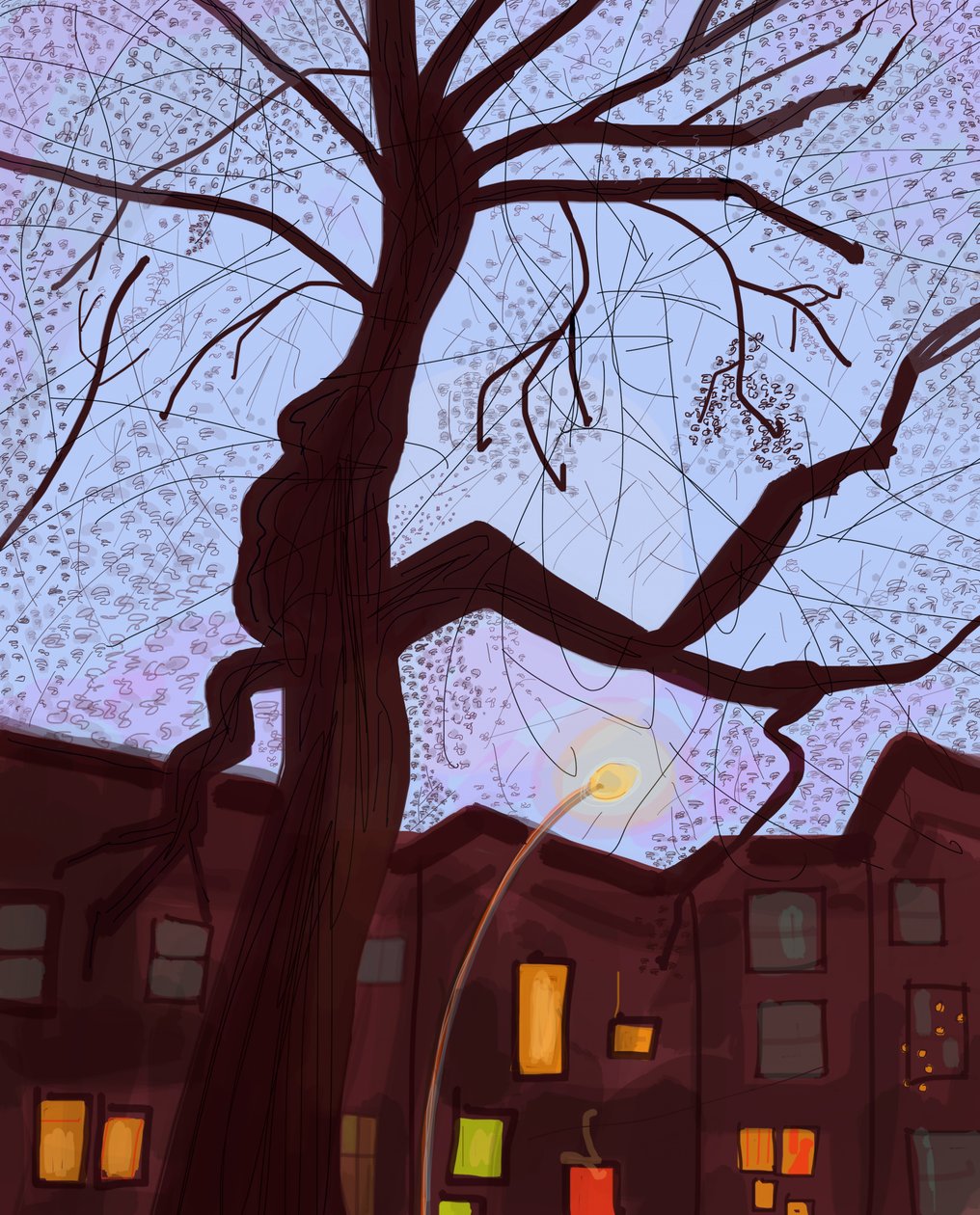 Brooklyn Brownstone Street At Dusk, 2016 (iPad üzerinde Apple kalem ile elle çizilmiştir) by Evan Sklar