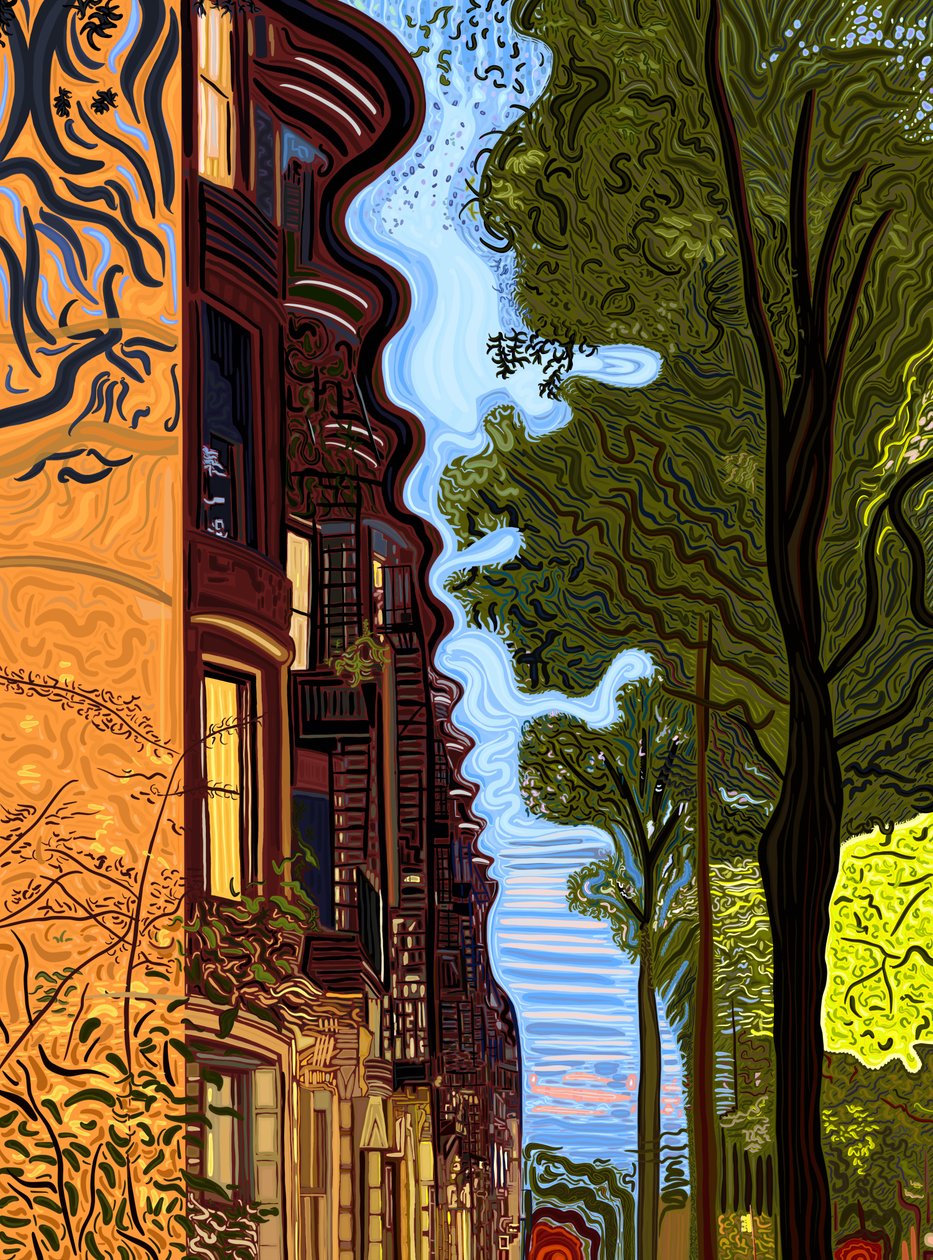 Günbatımında Çatı Çizgisi ve Ağaç Çizgisi. (dijital sanat) by Evan Sklar