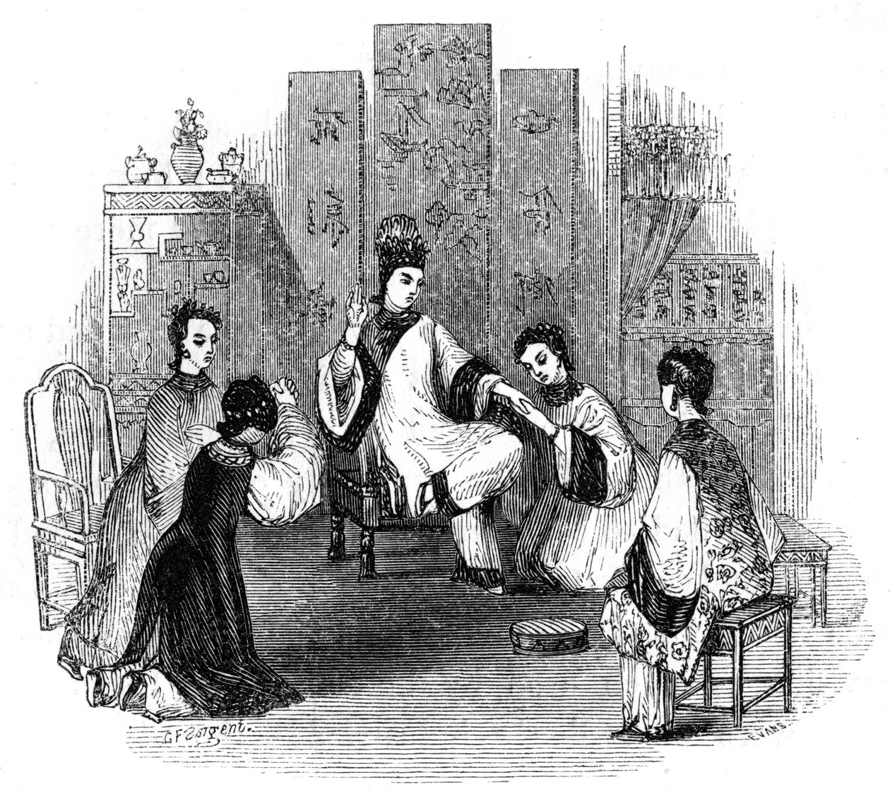Bir gelinle ağlayan Çinli kızlar, 1847 by Evans