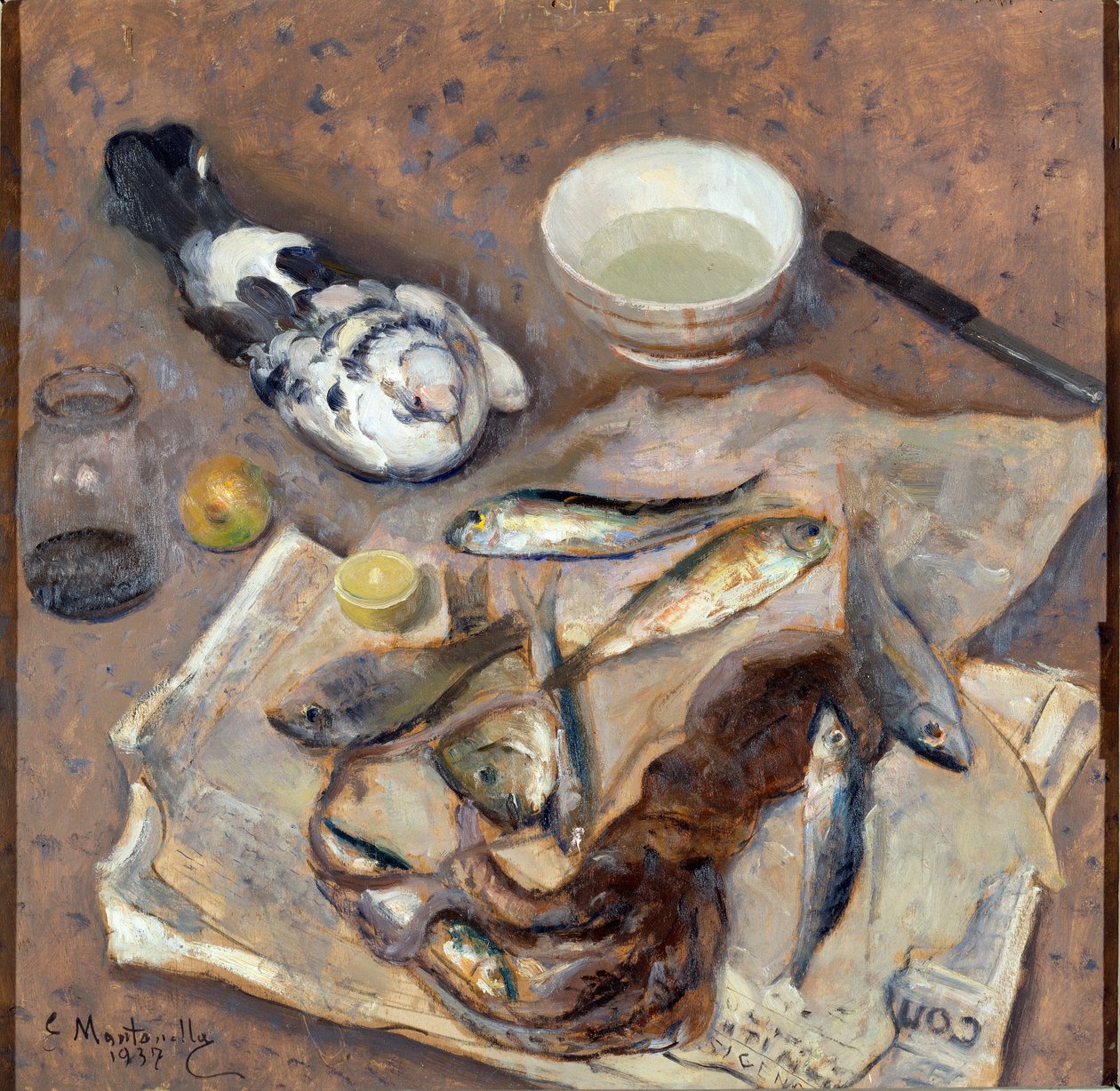 Natürmort Balık ve güvercin. Evasio Montanella (1878-1940) tarafından yapılan tablo 1937 Güneş. 62x64 cm Genes Nervi, Galleria by Arte Moderna, env. 0433 by Evasio Montanella