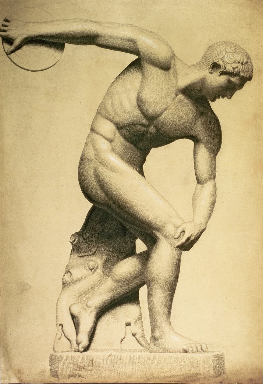 Disk atıcı, klasik bir heykel çizimi, 1874 dolayları (kalem, kağıt üzerine pastel boya) by Evelyn De Morgan