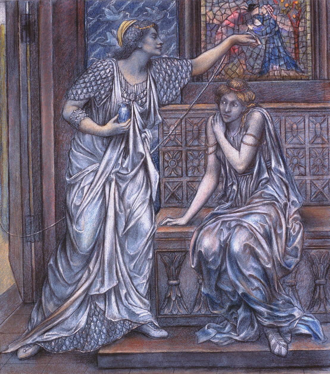 Queen Eleanor ve Fair Rosamund için tamamlanmış çalışma, c.1900-5 (tebeşir) (bkz. 27988) by Evelyn De Morgan